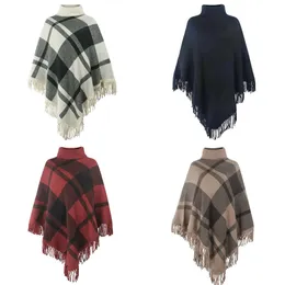 Winter -Schals Kleidung Frauen Hochkragen Pullover Pullover weibliche Quaste Cape Shawl Plaid loser Mantel rote Oberteile 231013