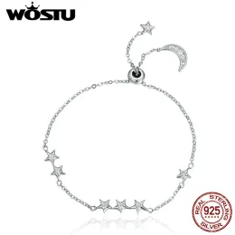 Strands Wostu Brand New Real 925 Sterling Silver Moon Stars Ajuste Ajuste Pulseira de Cadeia para Mulheres Jóias Finas Ano Novo CQB007