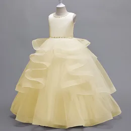 Mädchen Pfirsich Blumenkleid 2024 Gelb Tüll Spitze Ballkleid Erstes Gemeinschaftskleid Little Kind Kind Kleinkind Taufe Taufe Junior Brautjungfer Hochzeit Gastkleider