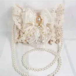 lolita sanfte Mädchen Umhängetaschen elegante süße Spitzenbogen Frauen Handtaschen fi süße Perlenkette Top-Griff Y2K Ästhetik N64B#