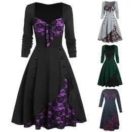 Casual Dresses Vintage Medieval Costume Women Evening Party Gown Retro Plus Size Robe Femmes Lace SPICED Button långärmad vestidos