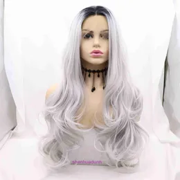 Designer Wigs Wigs Capelli per donne Wig Wig Womens Front Lace T Grey White Be Chievi lunghi capelli ricci Copertura in fibra di fibra chimica a onde grandi