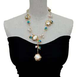 Necklaces YYGEM Blue Murano Glass Freshwater Cultured White Keshi Pearl Gold Filled Chain Necklace 21"