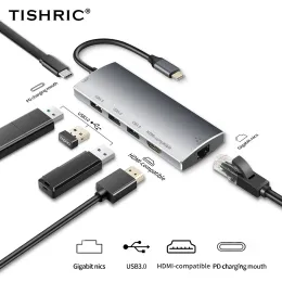 Hubs Tishric USB C Hub Tipo C Dock Otg a Multi USB 3.0/2.0 Hub/Splitter SD RJ45 LAN 4K Adattatore compatibile HDMI per MacBook Huawei