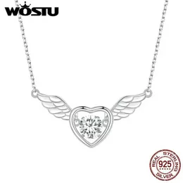 Halsketten Wostu 925 Sterling Silber Engel Wings Herz Anhänger Halskette für Frau weißer Kristallreihe Mädchen Halskette Minimalistische Schmuck Schmuck
