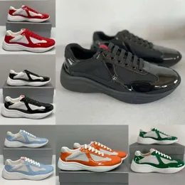 Sapatos de designer de sapatos PARDA Men Americas Cup Sneakers Treinadores de couro Patente Patente de malha azul preta Black Sapatos casuais com caixa tamanho 36/37/38/39/40/41/42 447
