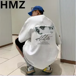 Hmz yaz büyük boy erkekler t-shirt% 100 pamuk gevşek baskılı tee sıradan erkekler moda tshirt klasik çizgi romanlar sıradan sokak tees 240420