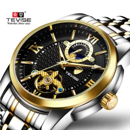 Комплекты Tevise Luxury Fashion Brand Mechanical Watch Man Автоматические лунные фаза золотые часы повседневные водонепроницаемые часы Masculino Relogio
