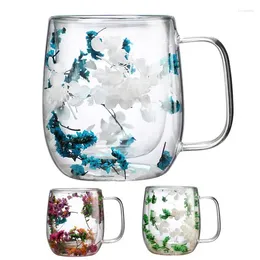 Canecas de chá de chá de chá dupla de parede dupla seca Flores transparentes de vidro decorado com leite caneca de leite