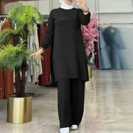 Roupas 2024 TwoPiece Muslim define o temperamento elegante abaya mulher cor sólida com mangas compridas camisa largura de pernas larga conjunta de roupas islâmicas