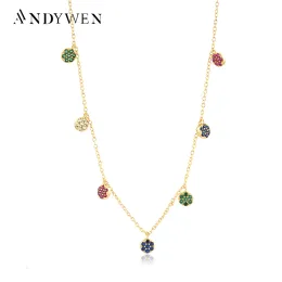 قلادات Andywen 925 Sterling Silver Gold Colorful Zircon Crystal Round Flower Charms قلادة قلادة قلادة طويلة