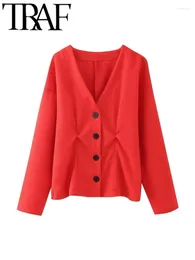 Frauen Strick Gal 2024 Spring Elegant Mujer Red Strick Cardigans fallen Schulter lange Ärmeln gegen Halsgerätepullover Jacke weiblich fallen