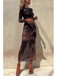 넥타이 염료 인쇄 메시 여성용 섹시한 슬림 슬릿 파티 이브닝 ​​드레스 스프링 패션 클럽 멍청이 240420을위한 최대 드레스