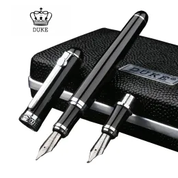 Pens Duke D2 Black Silver Clip d2 Medium Nib Fountain Pen with 1pc Calligraphy Fude Bent Nib Interchangeable Set for Writing Practice