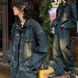 Giacca da bomber in denim da uomo rossastro jeans larghi pantaloni a gamba larghi spazzolati di grandi dimensioni hiphop harajuku abiti 240415