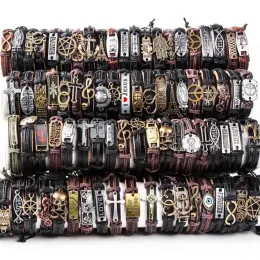 Pulseiras hoqiaga 100pcs pulseiras de couro homens mulheres mulheres genuínas vintage punk rock retro casal handmade cuff pulser lotes lotes lotes