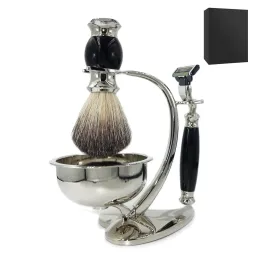 Blad Irazor Men's Wet Shave Set med naturlig ren Badger Hair Brush Akrylhartshandtag Skägg Razor Holder Soap Bowl Grooming Kit