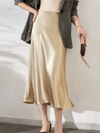 Сатиновые длинные юбки с высокой талией для женщин Springsummer 2024 Женская юбка Aline Fashion Elegant Slim Fit Grey Black 240420