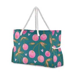 Sweet Red Rip Cherry Berries On Green Shopping Bag Ladies Shoulder Foldable Fashion Nylon Beach Handbag 240417