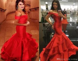 2019 Fashion Red Mermaid Prom Dress Off Shoulder Tiered Formal Holidays Wear Graduation Evening Party Pageant Gown Custom Made Plu5913222