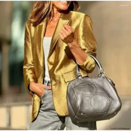 Kvinnors kostymer Hight Street Gold Blazer Jacka Kvinnor Långärmad hackad Single Breasted Pocket Female Jackets 2024 Hösten Elegant Lady Coat