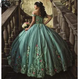 Mint Green Vestidos de 15 Quinceanera Sweet 16 Dress Off the ramion koronkowe aplikacje Quinceanera sukienki