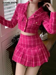 Matchande uppsättning Rose Pink Plaid Women Croped Tweed Blazer High midja Pleasted Mini kjolar kostymer damer mode 2 stycke uppsättningar 240415