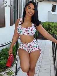 Женские спортивные костюмы Joskaa Cherry Print 2 Piece Set Women Crasual Crop Top Top и шорты на шнурках, соответствующие 2024 летним каникулам