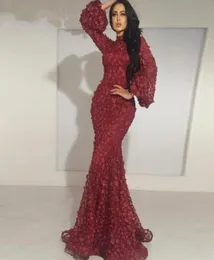 Burgundy Full Petals Appriqued Evening Dresses High Neck Long Sleeves Mermaid Prom Dreess 매력적인 중동 레이스 이브닝 가운 8972624