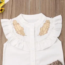 Kläder sätter sommar småbarn baby flickor fast färg ärmlös skjorta rufsade knapptoppar bältade korta byxor tryck kläder set