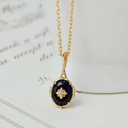 Necklaces LAMOON Vintage Natural Agate Necklace For Women Gemstone Pendant 925 Sterling Silver Gold Plated Fine Jewelry Elegant Bijou