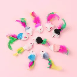 Toys 10Pcs Funny Cat Toy Assorted Color Feather Tail Mice Rattle Set Cat Plush Mouse Interactive Toys Kittens Scratch Game Supplies