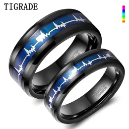 Gruplar Tigrade 6mm 8mm EKG kalp atışı alyans siyah tungsten karbür yüzüğü erkekler için kadınlar renk değiştiren konfor uygun boyut 614