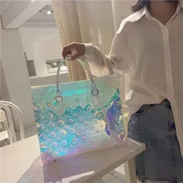 Designer Beach Bag Single Shoulder Crossbody Handväska Kvinnors lyxiga nya färgglada fyrkantiga väskor Akrylkedja Tygväska Transparent Laser Fitness Vacation Shopping Bag