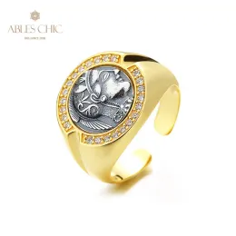 Yüzükler Yunan Athena Gümüş Coin Cz Halo 18K Altın Tonu Katı 925 Gümüş Roman Para Vintage Açık Yüzük R1074