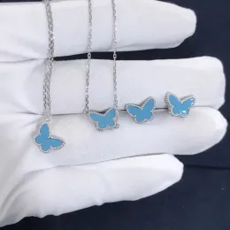 Strängar Hot Sale 925 Sterling Silver Blue Turquoise Butterfly Stud Earrings Halsband Armband Ladies Fashion Märke Lyxiga smycken