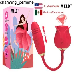 MELO Rose Thrusting Sucking Sex Toy for Woman Anal Double Head dildo Vibrator Oral Licking Female Telescopic Masturbation