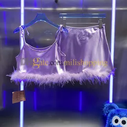 Kvinnor 2-stycken Set Tank Tops Feather-Trimmed Satin Miniskirt Purple Dress Camisole Sexig festkläder Asiatisk storlek