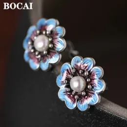 Brincos Bocai Novo 100% S925 Jóias de prata pura Moda queimando brincos azuis para mulheres Cloisonne Pearl Gretos de ponta de ponta grátis Frete grátis