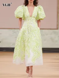 VGH Colorblock A Lin Midi Dresses for Women v Neck Short Puff Sleeve High Weist Elegant Mesh Dress Endal Summer Summer. 240410