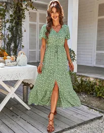 Damski vintage długi kwiatowy nadruk letnia sukienka kobiety luźne swobodne guziki bohemijska sukienka na plaży Kobiety szacie sundress vestidos żeńska 240422