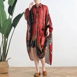 Abiti casual 2024 Fasci di alta qualità Vintage Floral stampata per abiti da sottile in seta taglie forti per donne Batwing Long