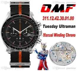 OMF Moonwatch Manual Winding Chronograph Mens Watch Speedy Tuesday 2 Ultraman Black Dial Nylon Orange Inner Strap 311124230018042352