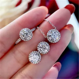 Halsketten 925 Sterling Silber Halskette Ohrring -Ring -Sets für Frauen rund Diamant CZ Hochzeit Schmuck Set Beauty Accessoires Geschenk