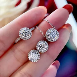 Colares 925 Sterling Silver Colar Brincha Ring Sets for Women Round Diamond CZ Jóias de casamento Conjunto de acessórios de beleza Presente