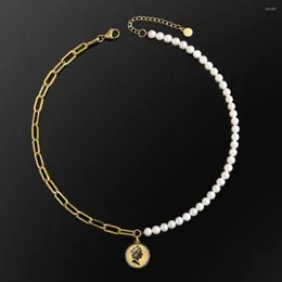 Choker KRKCカスタム6mm Dainty Pearl Goldメッキステンレススチールペーパークリップチェーンクイーンペンダントネックレスwith charm270o