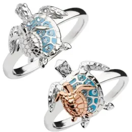 Bande Fashion Ring Women's Ring Blue Sea Turtle Ring Female Classic Styling Due tartarughe Anello per animali cristallini per donne gioielli all'ingrosso