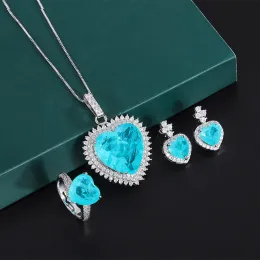 Collane QTT Vintage 925 Silver Color Heart Forma Paraiba Tourmaline Set di gioielli femminile Anello per feste di nozze Collana Set di pendenti