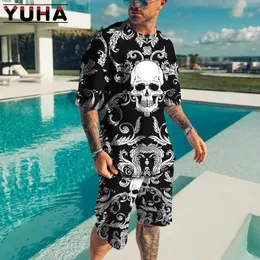 Yuhasummer Mens ClothingTシャツセット3Dひどいスケルトンプリントカジュアルショーツトラックスーツ男性2枚