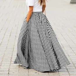 Vintage Bohemian Women High Waist Summer Long Skirt Plaid Pockets Casual ALine Maxi Skirts Elegant Beach 240420